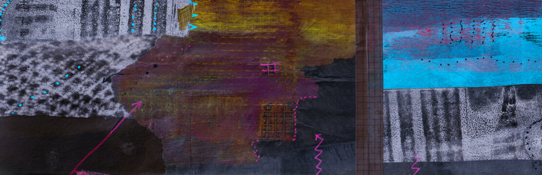 Landscape Mixed Media and Mono Print abstract with pink arrow detail