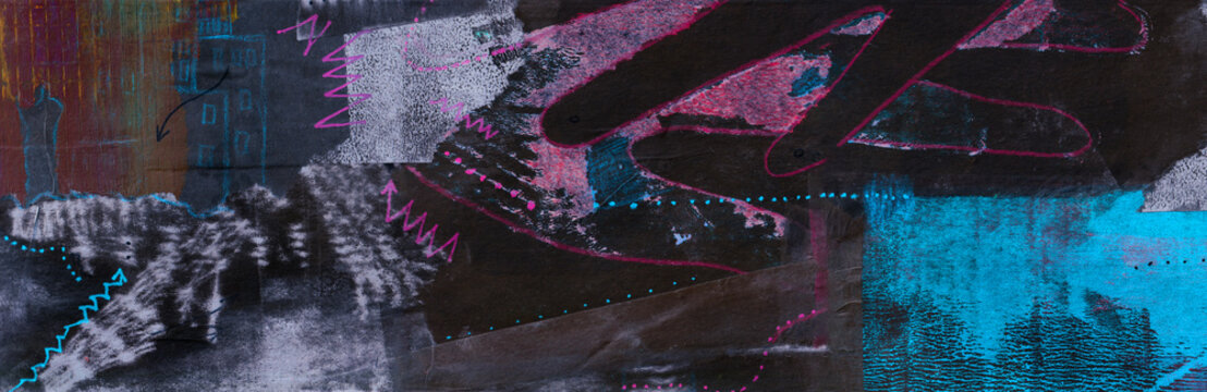 A Landscape Mixed Media & Mono Print abstract with zig-zag & buildings