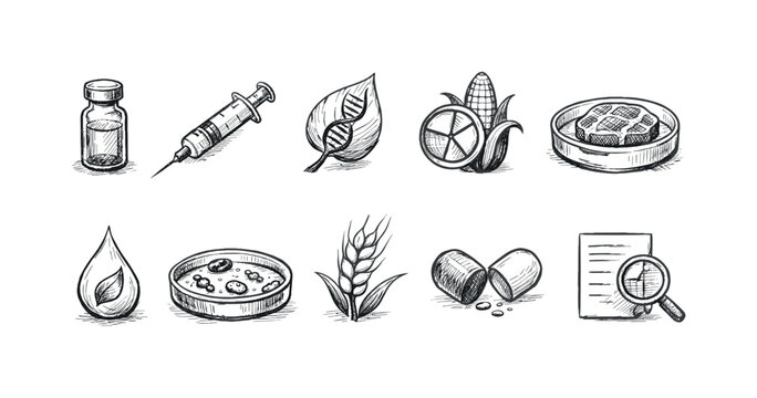 Biotechnology, agriculture outline icon set: farming, genetic research symbols