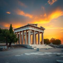 Obraz premium Ultra HD Temple of aphaia on aegina island in greece at sunset with trees video, old broken temple video, ancient temple video