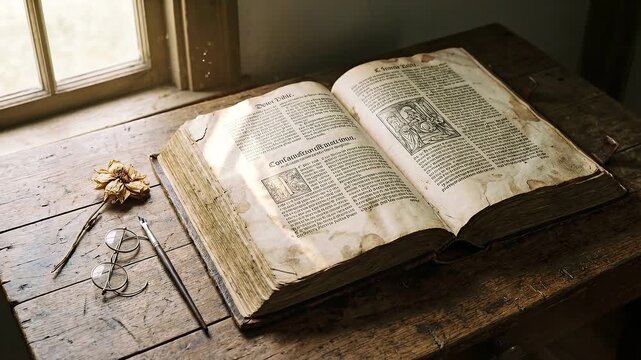 Open Antique Bible with Worn Pages on Wooden Table