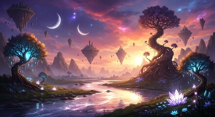 Obraz premium Fantasy Landscape with Glowing Trees and Moons.