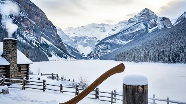 Axe in log fence in snowy winter landscape with mountains, frozen lake, and rustic cabin.