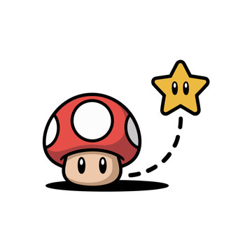A cartoon mushroom character with a star power icon in a vector graphic design