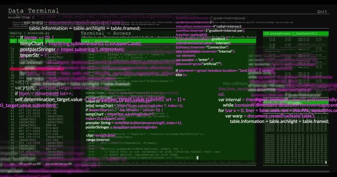 Green terminal panel starting after magenta glitch, loading code panes and marking logs for debug