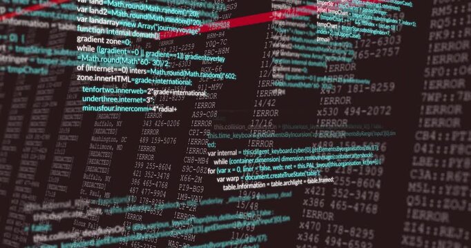 Layered code display showing cyan lines over data cols, view pulling back, red bars flagging errors