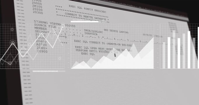 On data update monitor display showing layered charts sliding in while code appearing for analysis