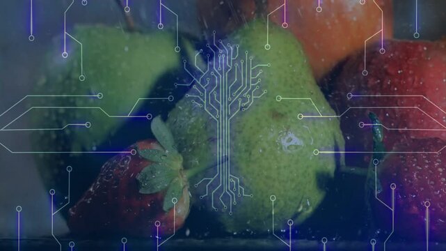 On cue pear cluster behind glass while violet circuits growing pulsing fading to show tech fusion