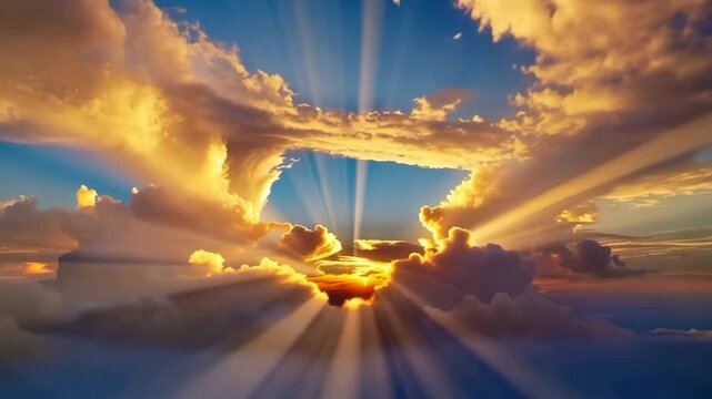 Ascension through radiant clouds toward divine light &ndash; spiritual heaven concept