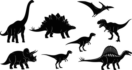 Dinosaur silhouette collection featuring Tyrannosaurus, Triceratops, Stegosaurus and Pterodactyl isolated black vector illustration for prehistoric, Jurassic and paleontology design concept © Goutom