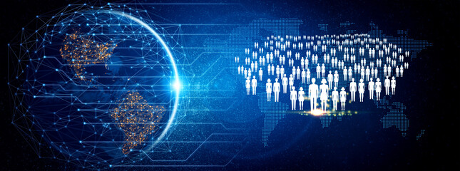 Fototapeta premium Futuristic Global Network Concept with Digital Connections and Diverse People Group Representing Technology and Communication in Modern Society Quark.