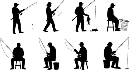 Fishing man silhouette set featuring angler with rod, caught fish, bucket and stool, black vector illustration isolated on light background