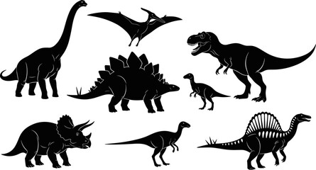 Prehistoric dinosaur silhouettes including Tyrannosaurus Rex, Triceratops, Stegosaurus and Pterodactyl isolated black vector illustration for Jurassic era and paleontology design © Goutom
