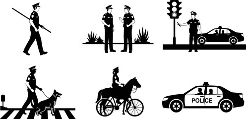 Police officers silhouettes set with patrol car, traffic control, K9 unit and mounted patrol, law enforcement icons isolated on white background © Goutom