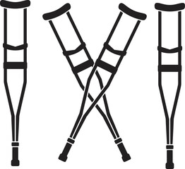 Underarm crutches silhouette collection featuring crossed and upright medical walking aids, black vector illustration isolated on light background for healthcare design © Goutom