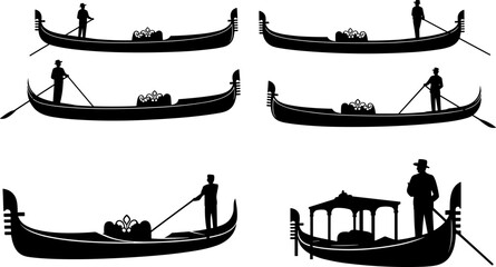 Venetian gondola silhouette collection with gondolier rowing traditional boat, Italian canal transport, black vector illustration isolated on light background © Goutom