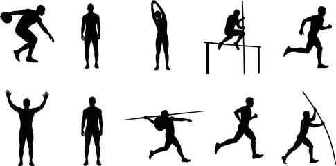 Track and field athlete silhouettes featuring sprinting, javelin throw, pole vault and stretching poses isolated black vector illustration for sports design