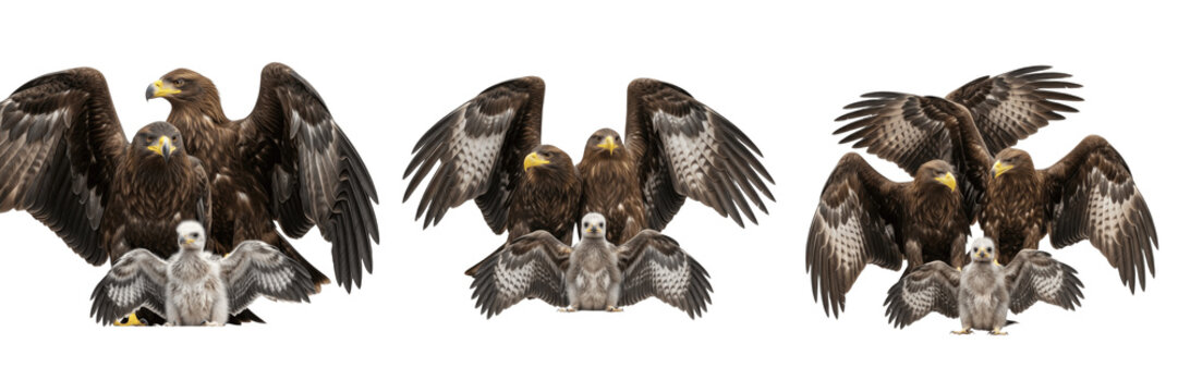 Set of Realistic Eagle Family Groups with Eaglet Isolated on White Background PNG
