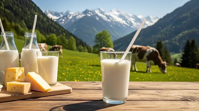 Fresh dairy products on wooden table with cows grazing in mountain meadow