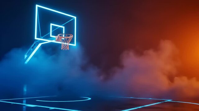 Dynamic Neon Basketball Court with Glowing Hoop and Haze