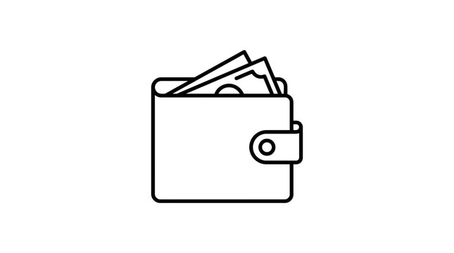 Minimalist black line art icon of a wallet with cash money notes sticking out isolated on a white background, ideal for financial planning infographics, banking apps and personal budgeting