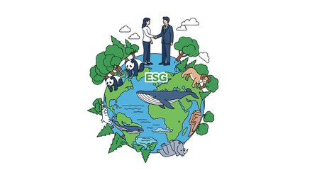Illustration of a person and animals around the Earth with ESG and sustainable business concept against a white background.