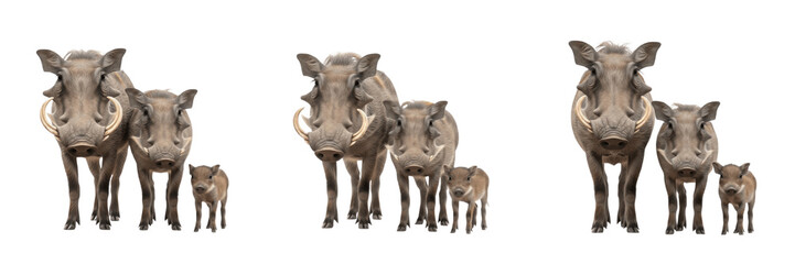 Set of Realistic Warthog Family Groups with Piglets Isolated on White Background PNG © KArim