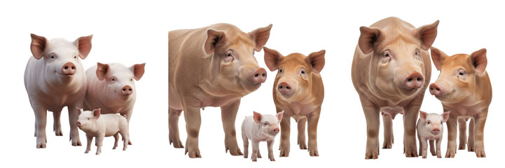 Set of Realistic Pig Family Groups with Piglets Isolated on White Background PNG © KArim