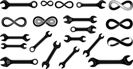 Naklejka premium Collection of black wrench icons and infinity symbols including adjustable spanners and combination tools for industrial repair, mechanical maintenance, and infinite workshop service.