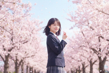 桜並木と桜の花びらを持った女子高生