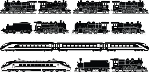 Collection of black train silhouettes including vintage steam locomotives, modern high speed passenger trains, and electric rail cars for transportation and logistics icons. © Mukta