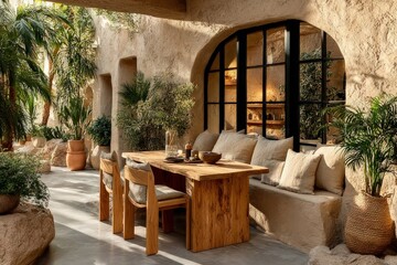 Obraz premium Cozy Rustic Restaurant Interior with Wooden Tables and Arch Window