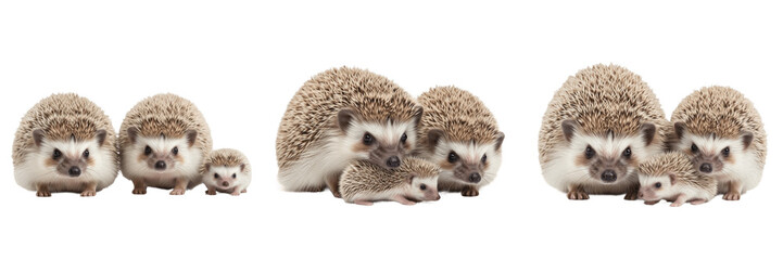 Obraz premium Set of Realistic Hedgehog Family Groups with Hoglets Isolated on White Background PNG