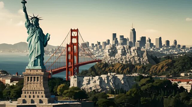 Iconic American Landmarks Merged - Statue of Liberty, Golden Gate Bridge, and Mount Rushmore.