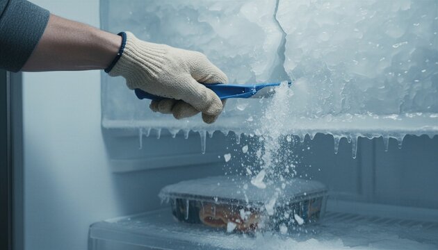 Hand in a knitted glove scraping thick ice and frost from inside a freezer, with ice particles falling