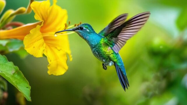 A hummingbird hovers mid-flight, drinking from a yellow flower with a green background