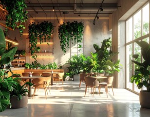 Fototapeta premium Sunlit Modern Cafe Interior with Lush Green Plants