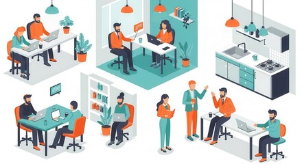 Obraz premium Diverse professionals collaborate and work in various functional areas of a modern office environment