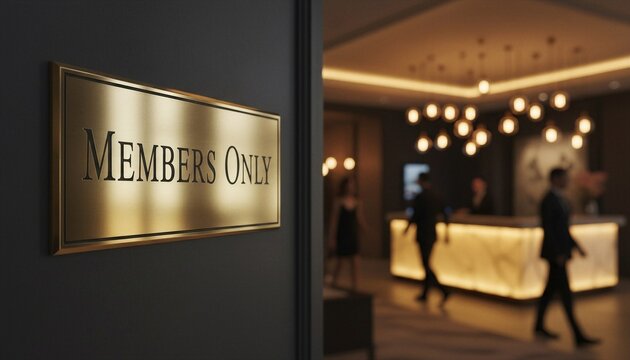 Members only sign on a wall in a luxurious hotel lobby or private club entrance