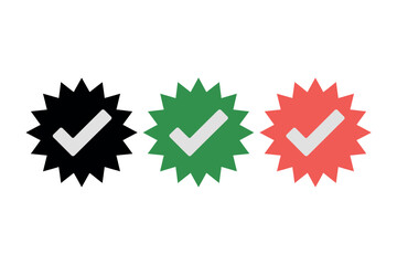 Three starburst icons with checkmarks in black, green, and red on a white background