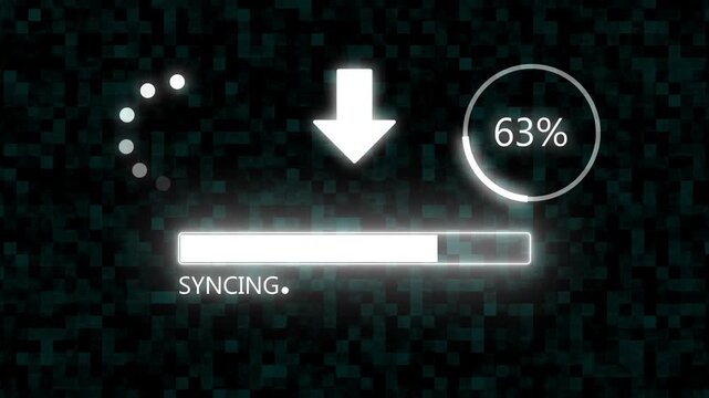 SYNCING  Upload Progress Bar 0 to 100%  with White  Glowing Download Arrow and Percentage Indicator