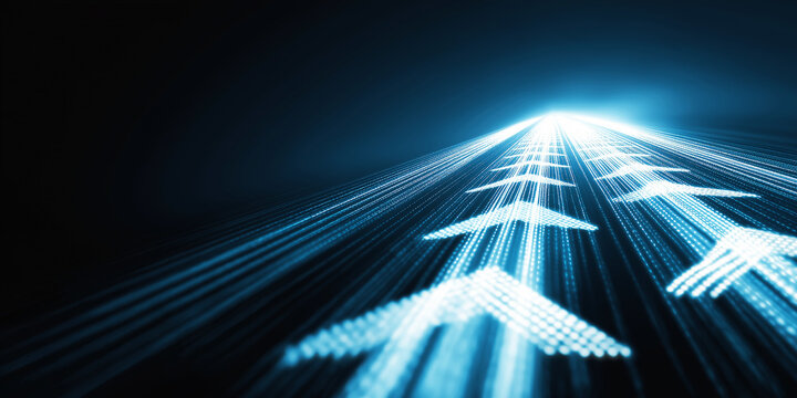 Perspective view of glowing white digital arrows moving forward on a high speed data road, futuristic concept of information technology, fiber optic connectivity and fast internet speed