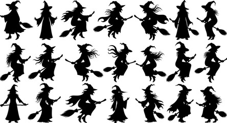 Flying witch silhouette collection, halloween witches on broom vector set, spooky magic fantasy characters, black minimalist illustration for seasonal design © Goutom