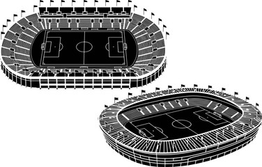 Football stadium illustration showing soccer arena top and perspective views, sports venue architecture isolated on white background, championship arena concept, detailed black vector design © Goutom