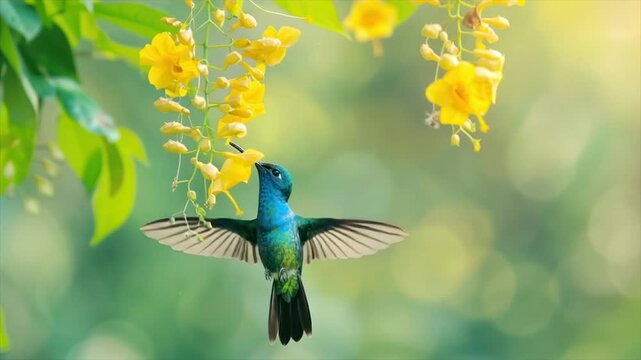 A hummingbird drinks nectar from a yellow flower, wings outstretched, against a soft green backdrop