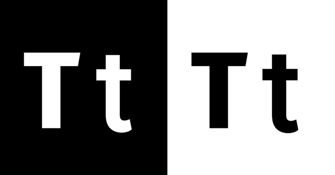 Minimalist letter T typography icon with bold black and white contrast split background