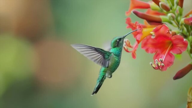 A shimmering green hummingbird hovers near bright red flowers, wings extended, feeding