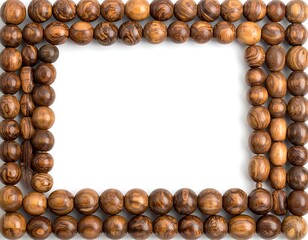 Wooden beads meticulously arranged in a rectangular frame, isolated on a white background