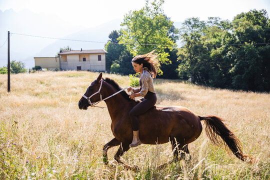 Woman Riding Horse Bareback Through Sunny Field