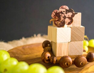 Wooden blocks stacked with a decorative top, grapes, and beads against a textured backdrop